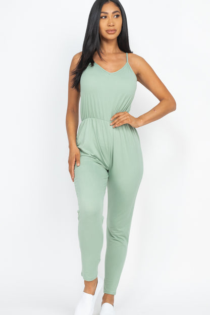 [$3/piece] Solid Spaghetti Strap Elastic Waist Jumpsuit