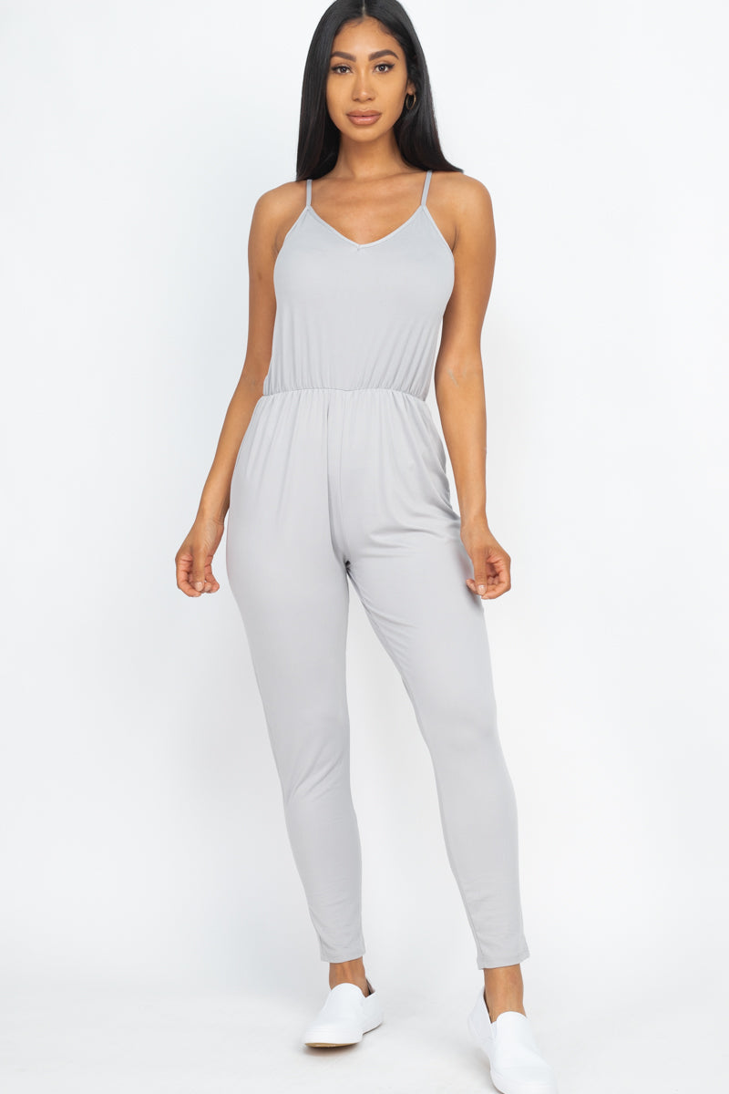 [$3/piece] Solid Spaghetti Strap Elastic Waist Jumpsuit