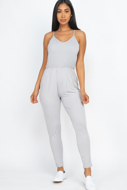 [$3/piece] Solid Spaghetti Strap Elastic Waist Jumpsuit