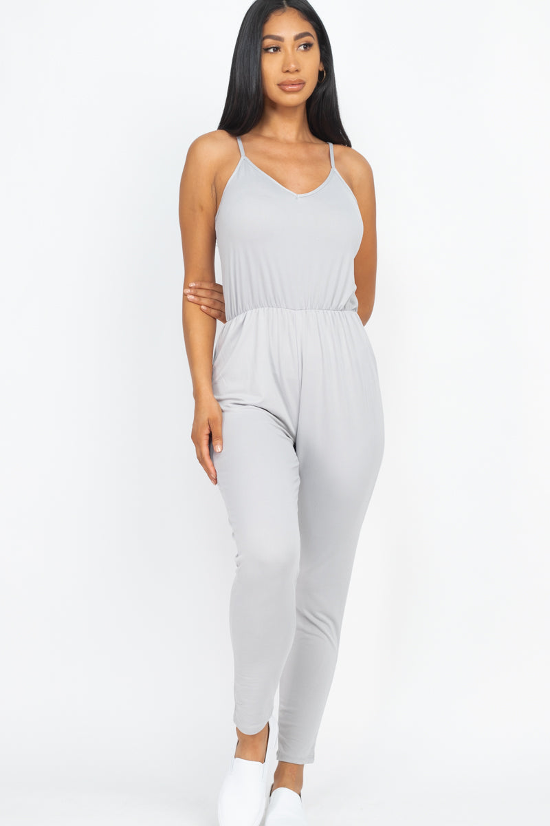 [$3/piece] Solid Spaghetti Strap Elastic Waist Jumpsuit