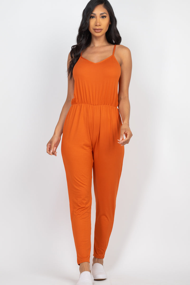 [$3/piece] Solid Spaghetti Strap Elastic Waist Jumpsuit