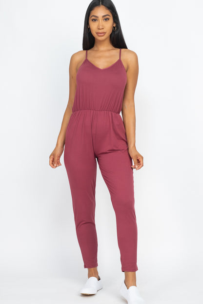 [$3/piece] Solid Spaghetti Strap Elastic Waist Jumpsuit