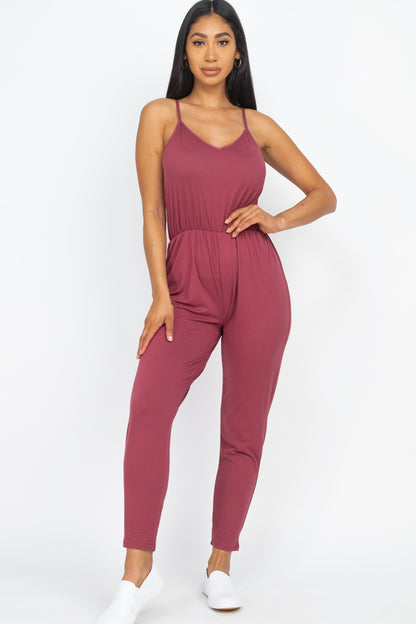 [$3/piece] Solid Spaghetti Strap Elastic Waist Jumpsuit