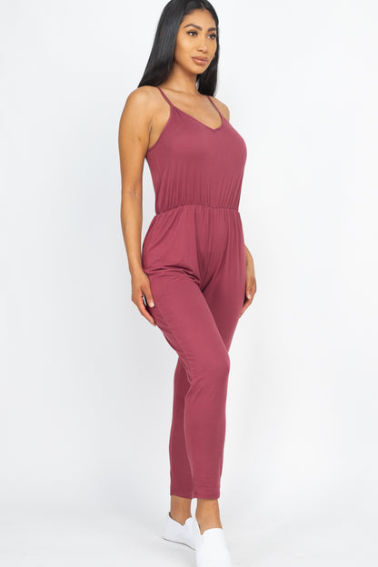 [$3/piece] Solid Spaghetti Strap Elastic Waist Jumpsuit