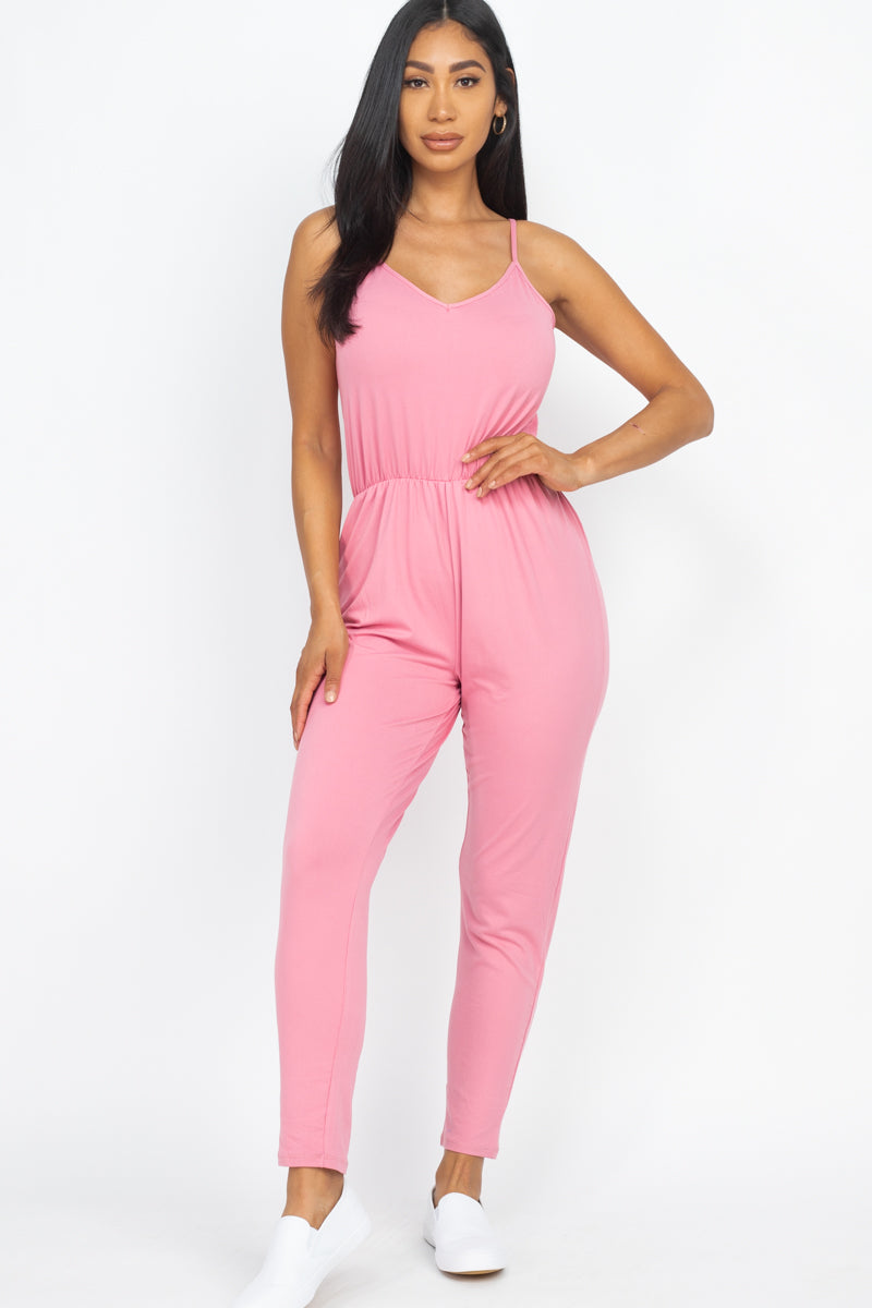 [$3/piece] Solid Spaghetti Strap Elastic Waist Jumpsuit