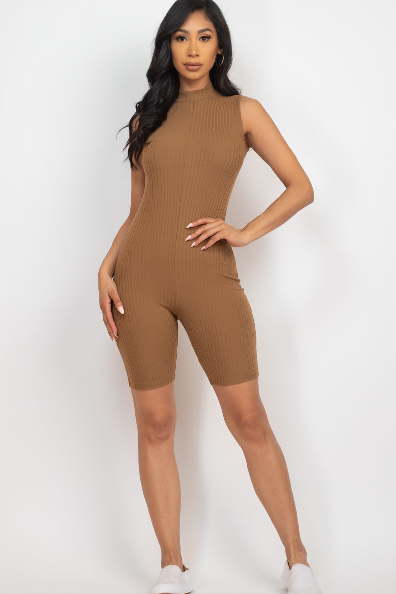 Ribbed Mock Neck Back Zip-Up Casual Romper - Wholesale Capella Apparel