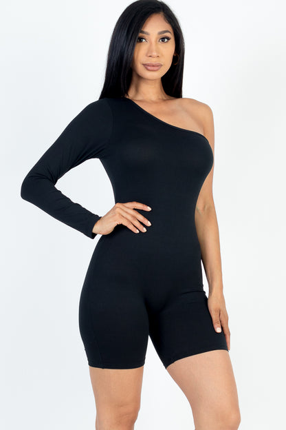[$3/piece] One Shoulder Solid Color Long Sleeve Romper