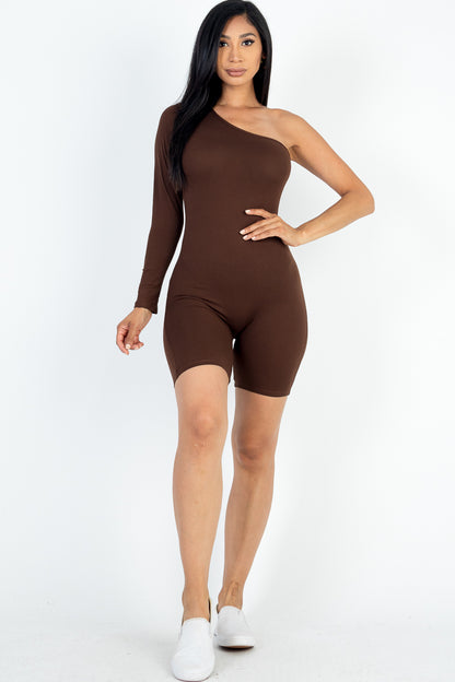 [$3/piece] One Shoulder Solid Color Long Sleeve Romper