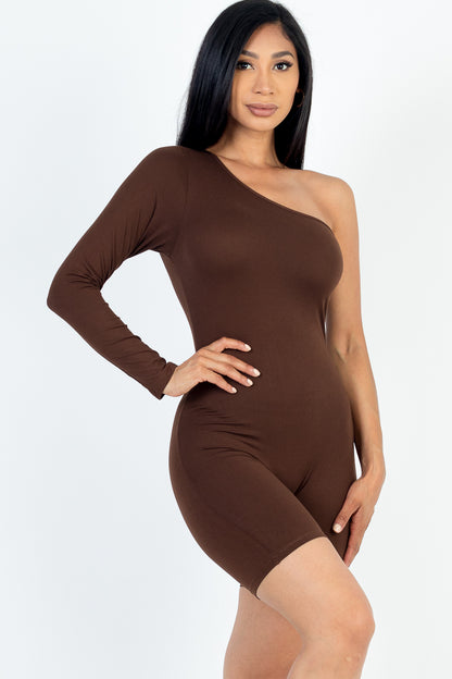 [$3/piece] One Shoulder Solid Color Long Sleeve Romper