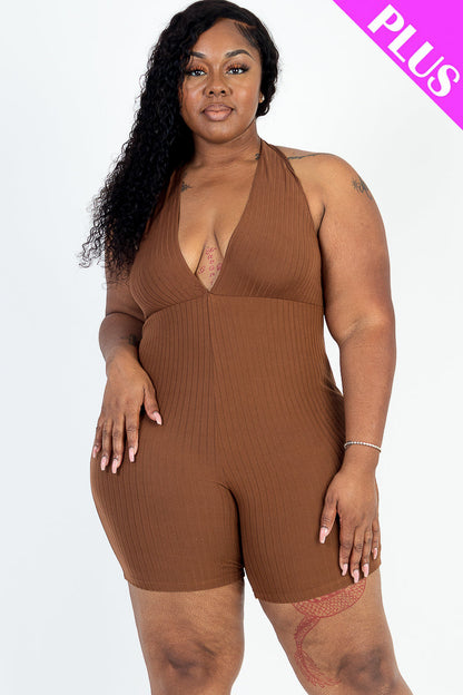 Plus Size Casual Solid Halter V Neck Ribbed Bodycon Romper - Capella Apparel