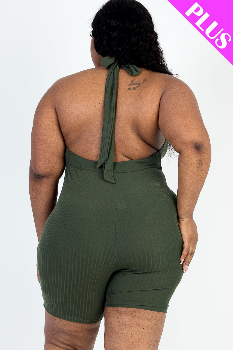 Plus Size Casual Solid Halter V Neck Ribbed Bodycon Romper - Capella Apparel