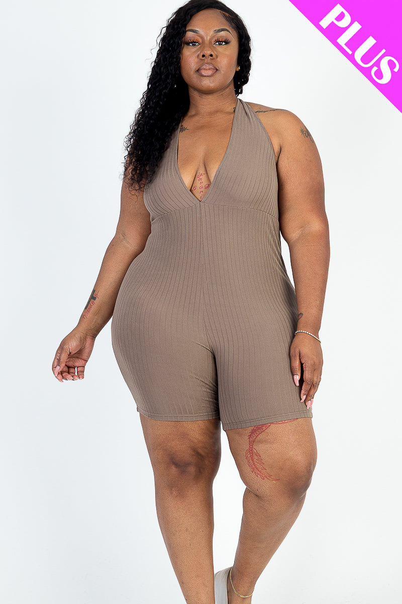 Plus Size Casual Solid Halter V Neck Ribbed Bodycon Romper - Capella Apparel