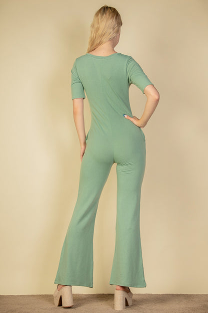 [$4/piece] French Terry Short Sleeve Flare Jumpsuit