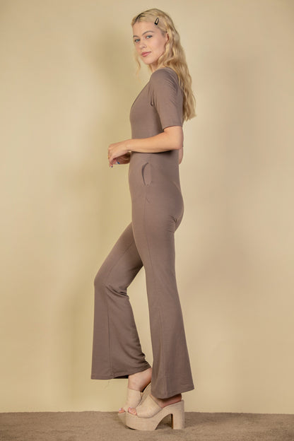 [$4/piece] French Terry Short Sleeve Flare Jumpsuit