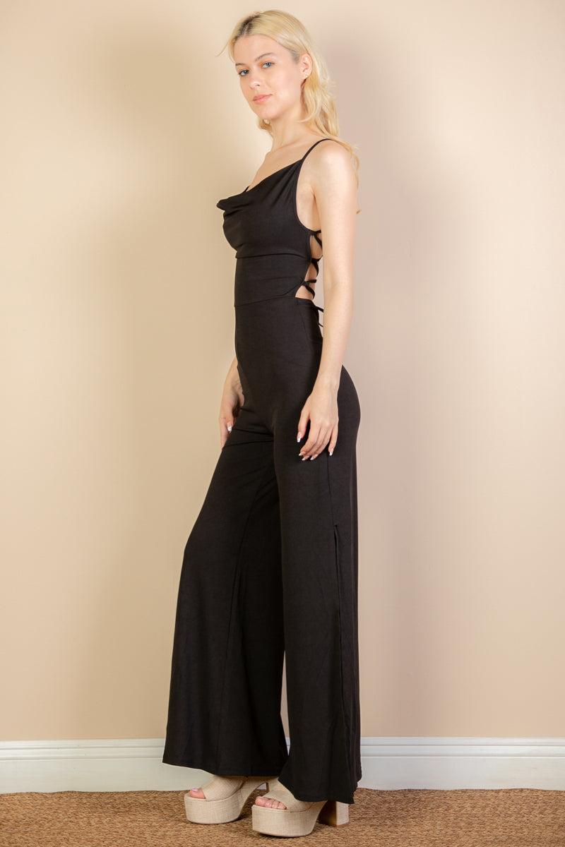 [$4/piece] Ribbed Cowl Neck Backless Split Wide Leg Jumpsuit