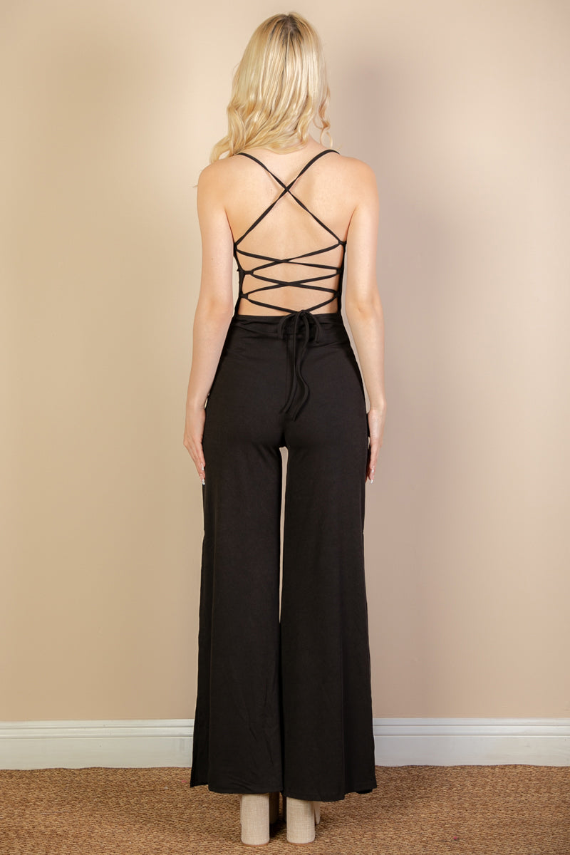 [$4/piece] Ribbed Cowl Neck Backless Split Wide Leg Jumpsuit