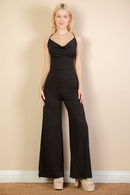 [$4/piece] Ribbed Cowl Neck Backless Split Wide Leg Jumpsuit