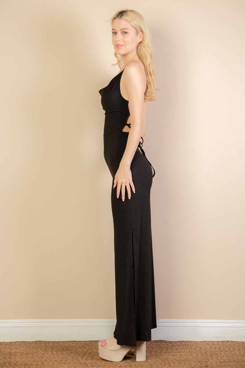 [$4/piece] Ribbed Cowl Neck Backless Split Wide Leg Jumpsuit