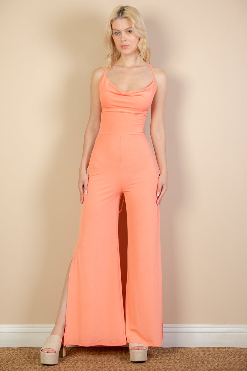 [$4/piece] Ribbed Cowl Neck Backless Split Wide Leg Jumpsuit