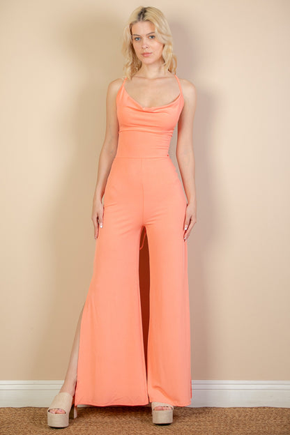[$4/piece] Ribbed Cowl Neck Backless Split Wide Leg Jumpsuit