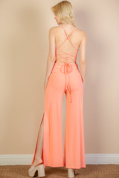 [$4/piece] Ribbed Cowl Neck Backless Split Wide Leg Jumpsuit