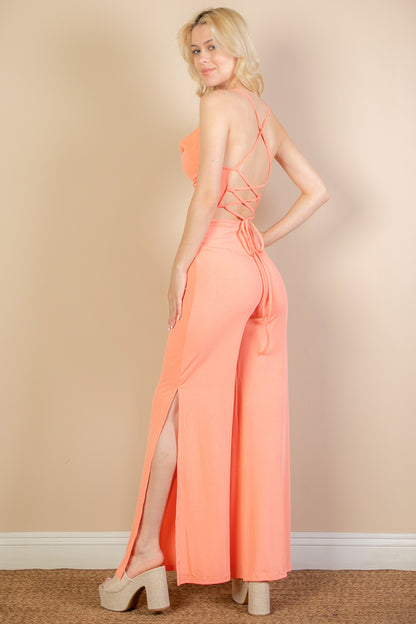 [$4/piece] Ribbed Cowl Neck Backless Split Wide Leg Jumpsuit