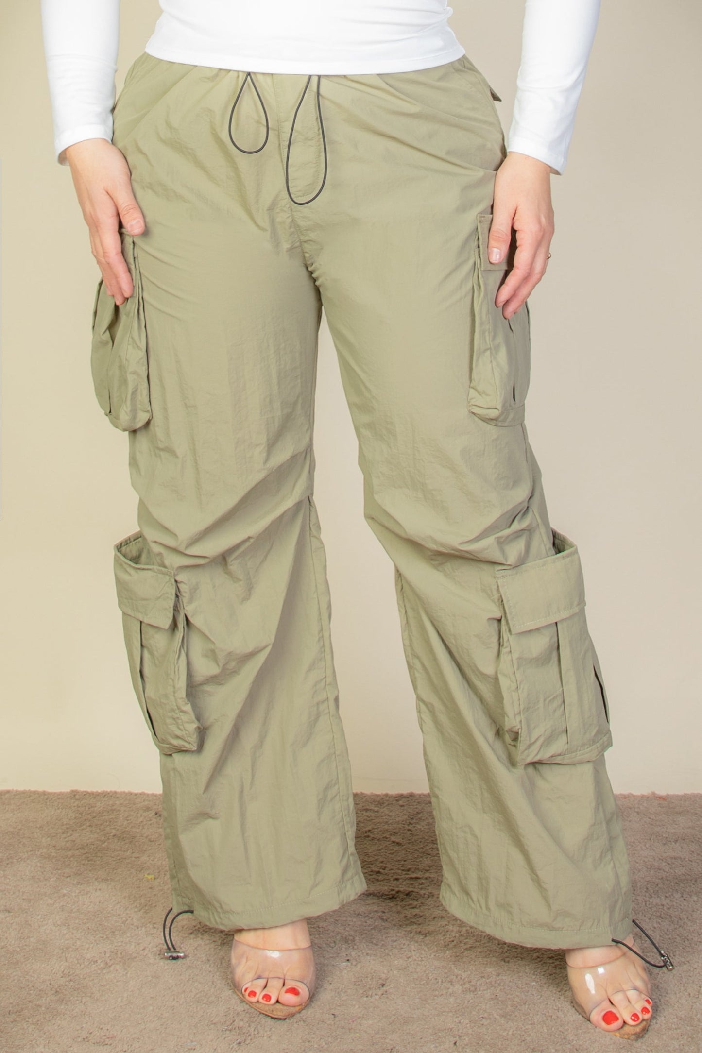 Plus Size Flap Pockets Drawstring Ruched Parachute Pants - Capella Apparel