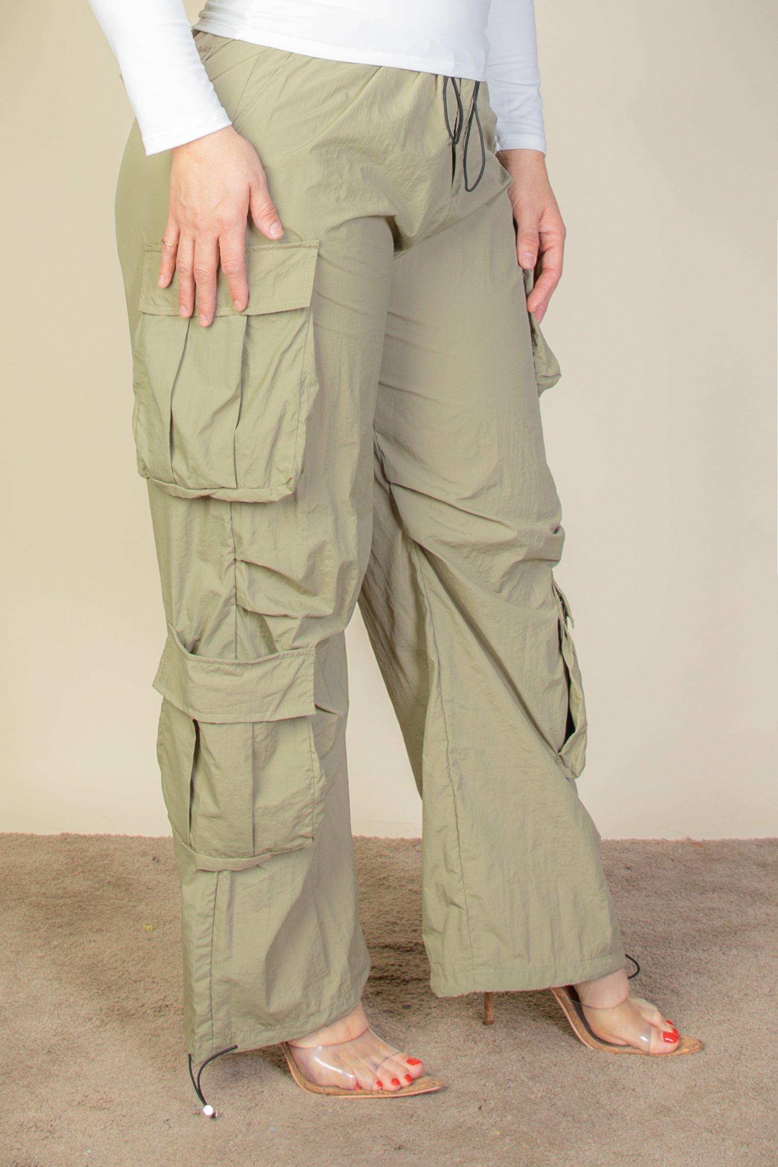 openyy 正規品　ROSE PARACHUTE PANTS KHAKI Rose Metallic Plain Parachute Pants – AIM'N AU