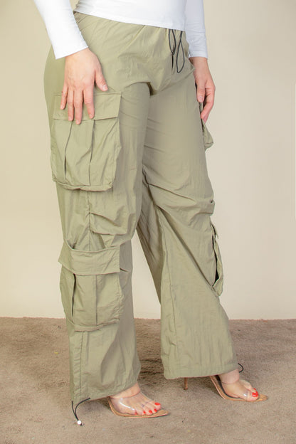 Plus Size Flap Pockets Drawstring Ruched Parachute Pants - Capella Apparel