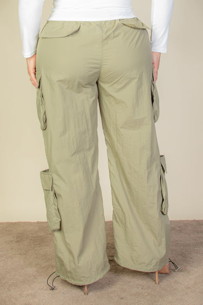 Plus Size Flap Pockets Drawstring Ruched Parachute Pants - Capella Apparel