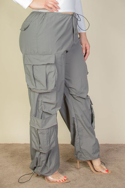 Plus Size Flap Pockets Drawstring Ruched Parachute Pants - Capella Apparel