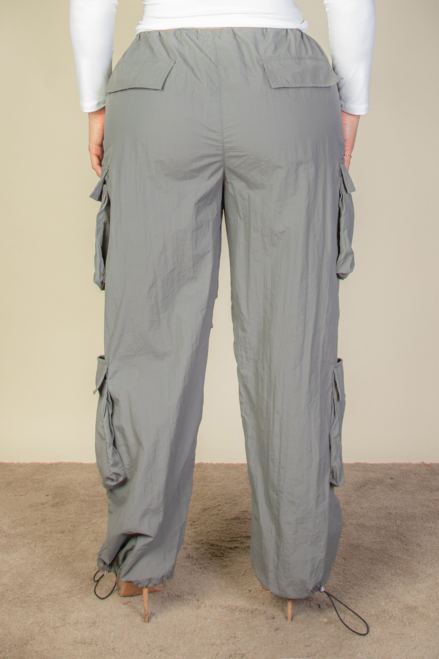 Plus Size Flap Pockets Drawstring Ruched Parachute Pants - Capella Apparel