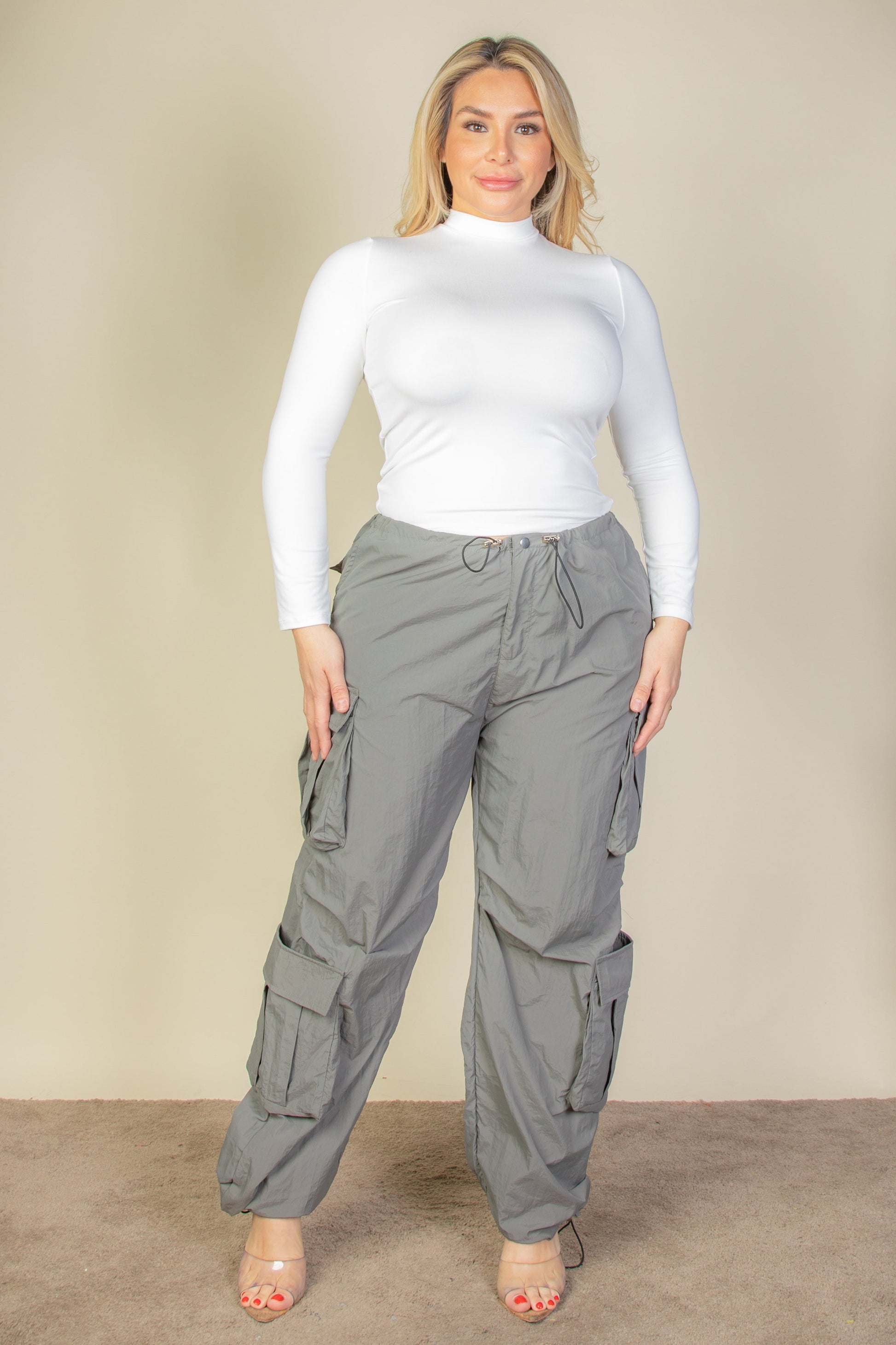 Plus Size Flap Pockets Drawstring Ruched Parachute Pants - Capella Apparel