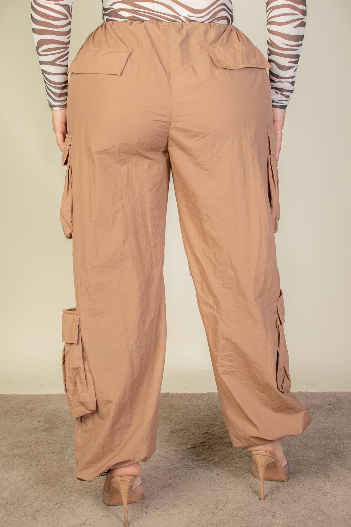 Plus Size Flap Pockets Drawstring Ruched Parachute Pants - Capella Apparel