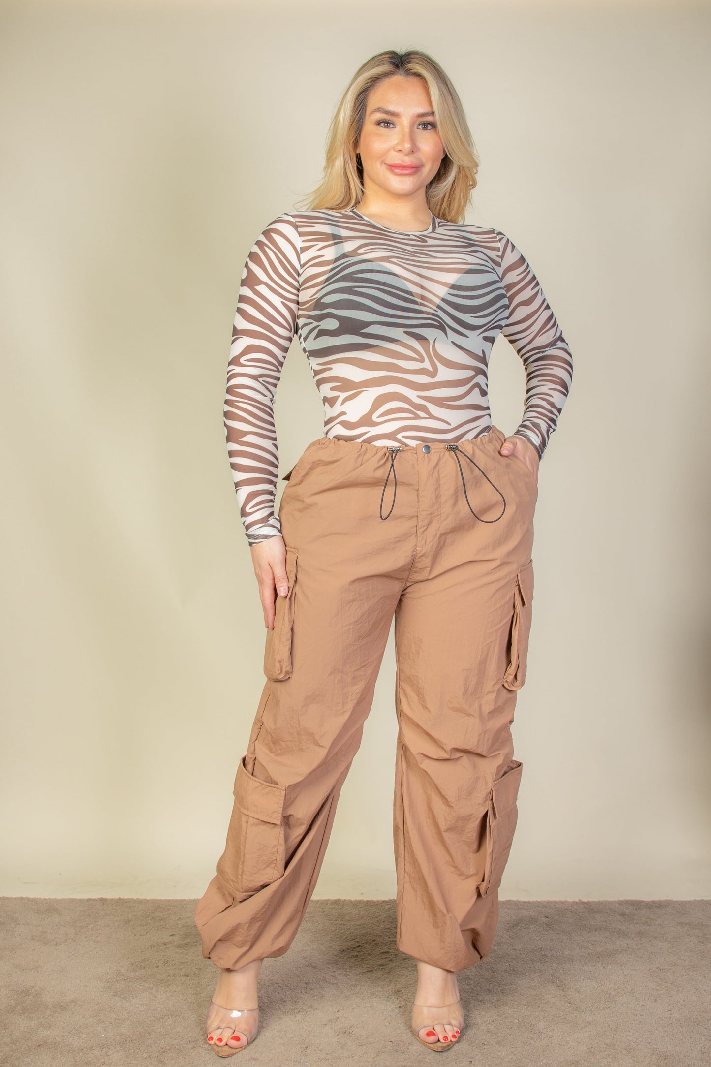 Plus Size Flap Pockets Drawstring Ruched Parachute Pants - Capella Apparel