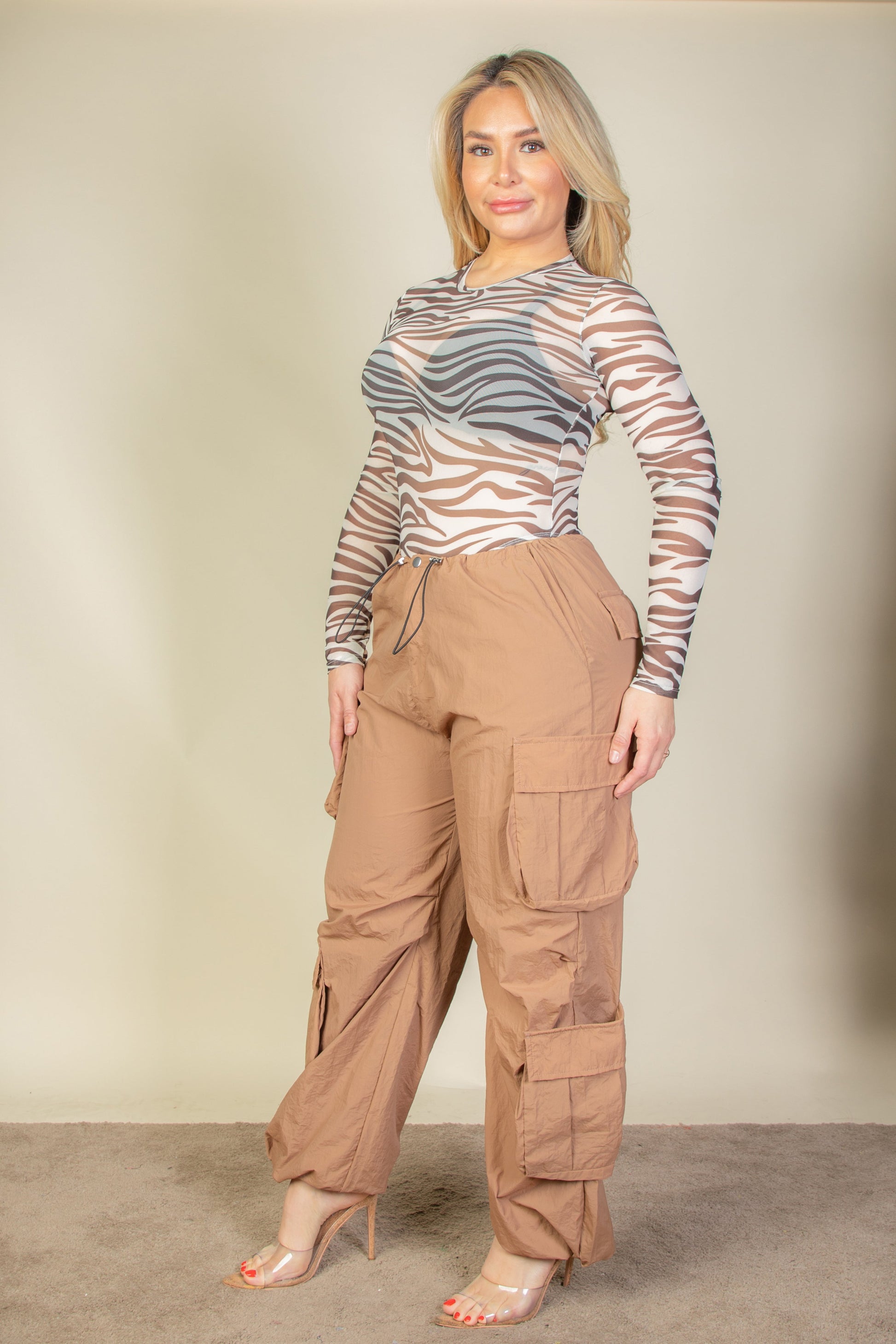 Plus Size Flap Pockets Drawstring Ruched Parachute Pants - Capella Apparel