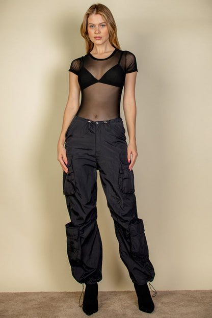 Flap Pockets Drawstring Ruched Parachute Pants - Capella Apparel