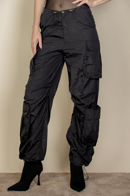 Flap Pockets Drawstring Ruched Parachute Pants - Capella Apparel