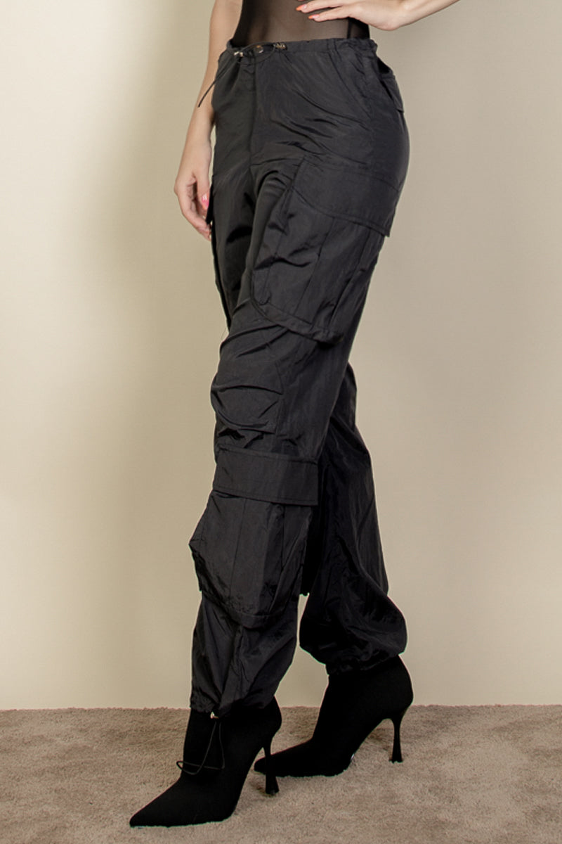 Flap Pockets Drawstring Ruched Parachute Pants - Capella Apparel