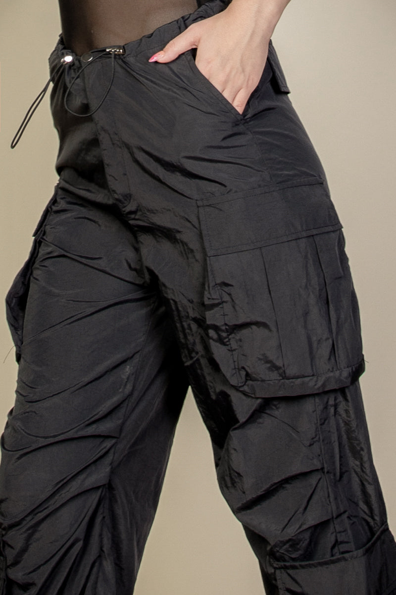 Flap Pockets Drawstring Ruched Parachute Pants - Capella Apparel