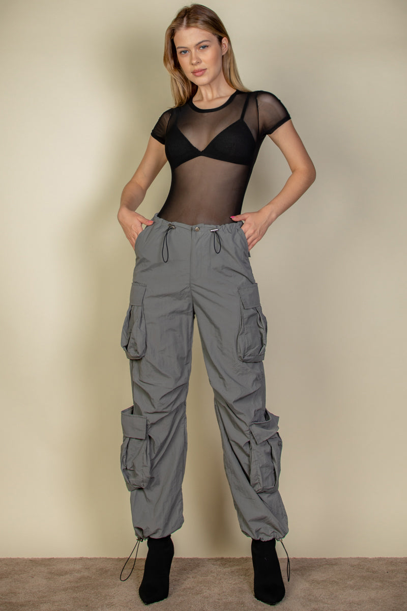 Flap Pockets Drawstring Ruched Parachute Pants - Capella Apparel