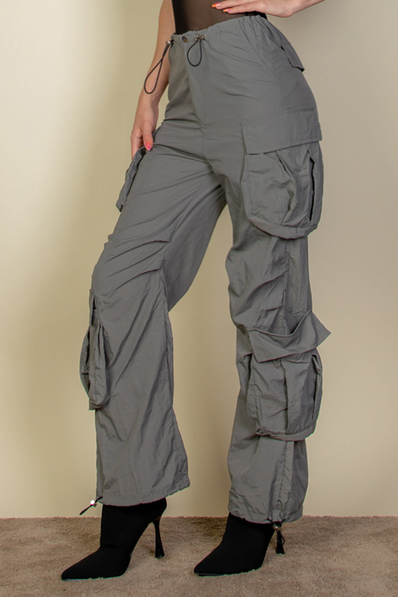 Flap Pockets Drawstring Ruched Parachute Pants - Capella Apparel