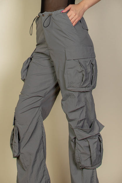 Flap Pockets Drawstring Ruched Parachute Pants - Capella Apparel