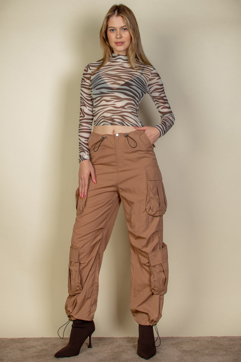 Flap Pockets Drawstring Ruched Parachute Pants - Capella Apparel