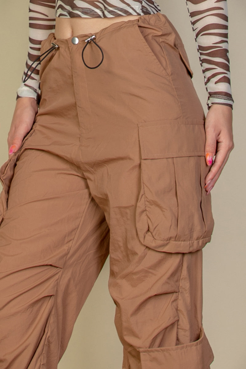 Flap Pockets Drawstring Ruched Parachute Pants - Capella Apparel