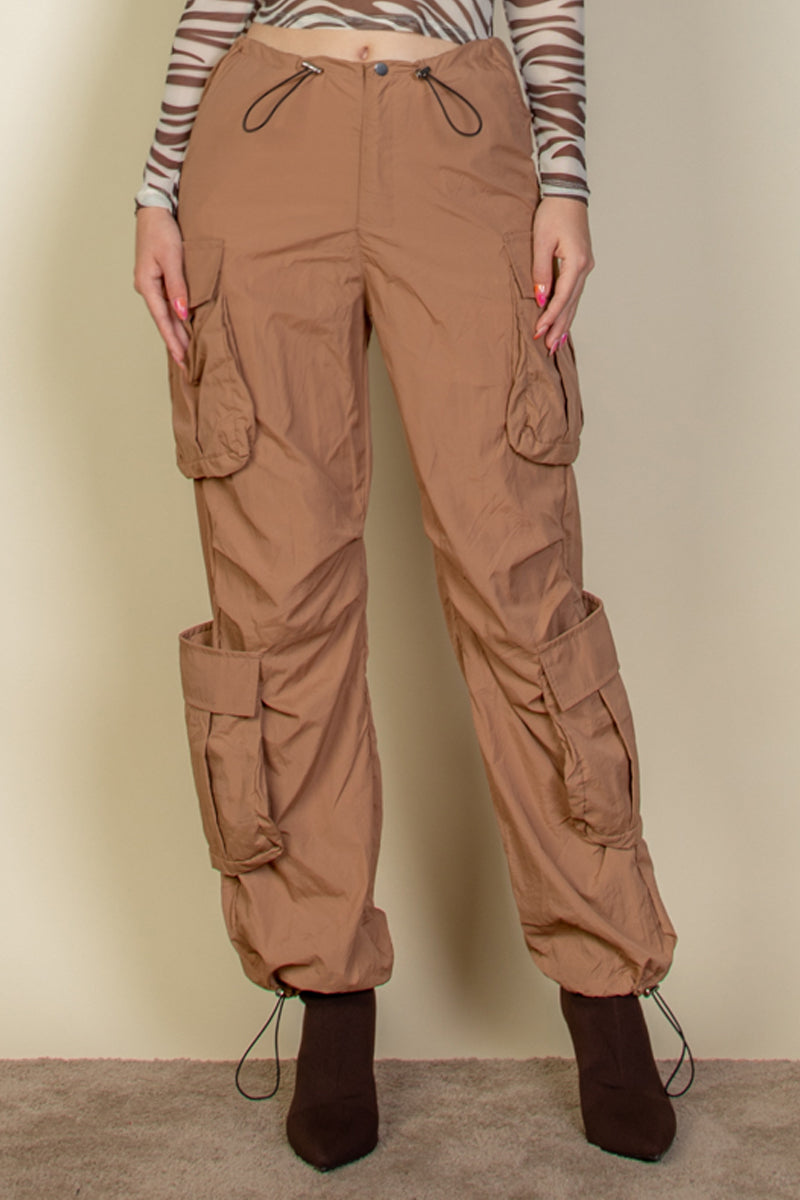 Flap Pockets Drawstring Ruched Parachute Pants - Capella Apparel