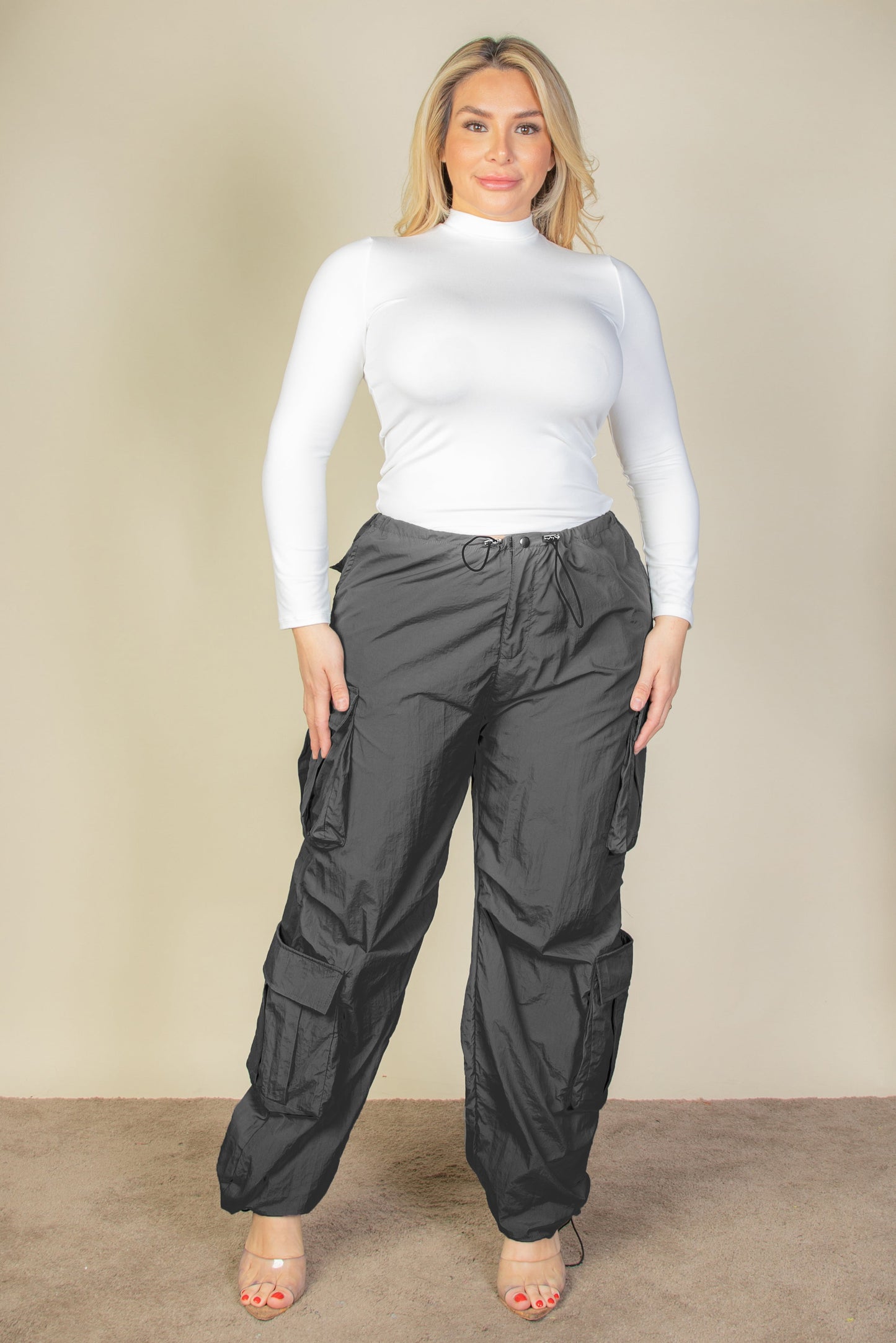 Plus Size Flap Pockets Drawstring Ruched Parachute Pants - Capella Apparel