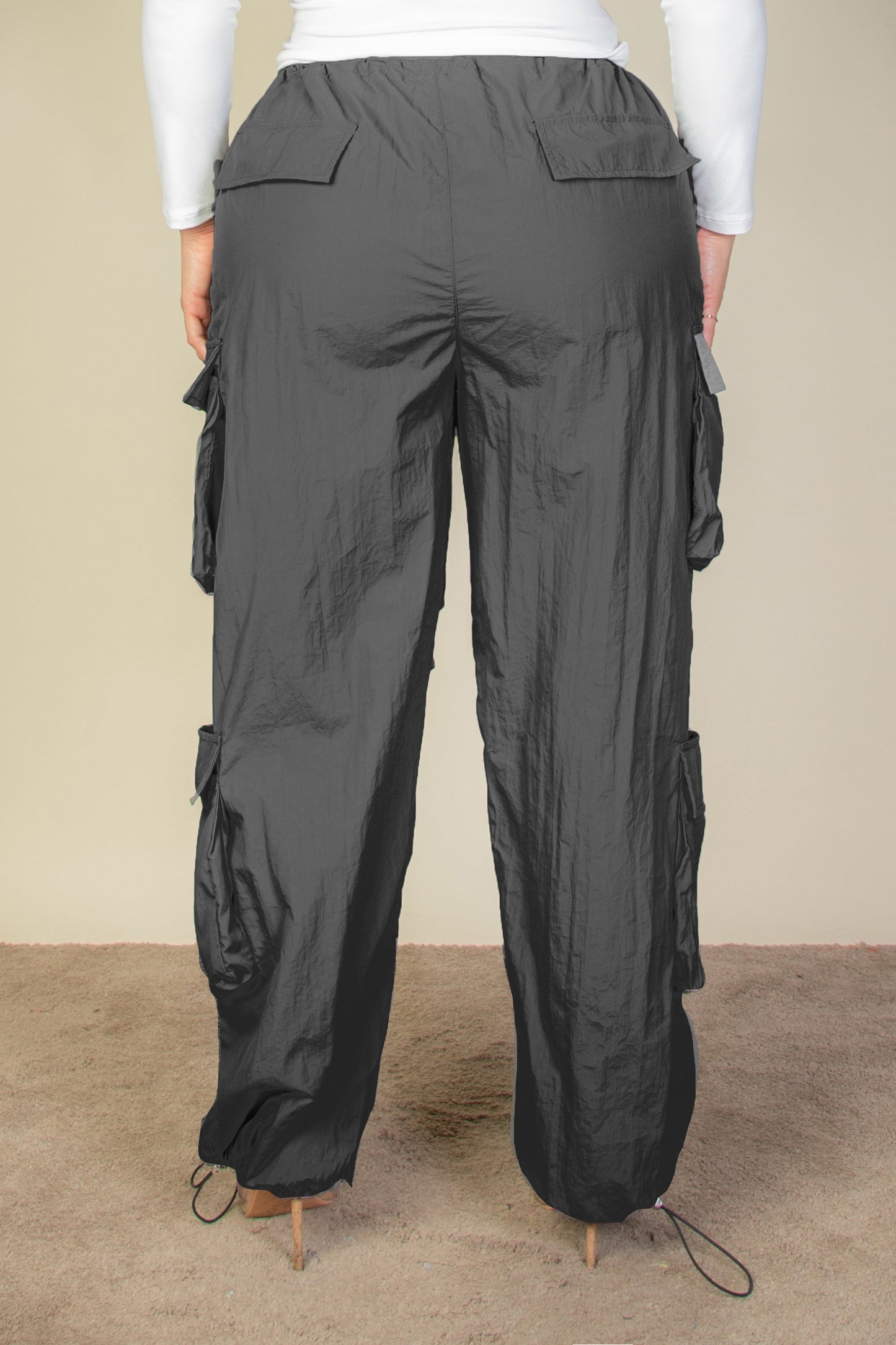 Plus Size Flap Pockets Drawstring Ruched Parachute Pants - Capella Apparel