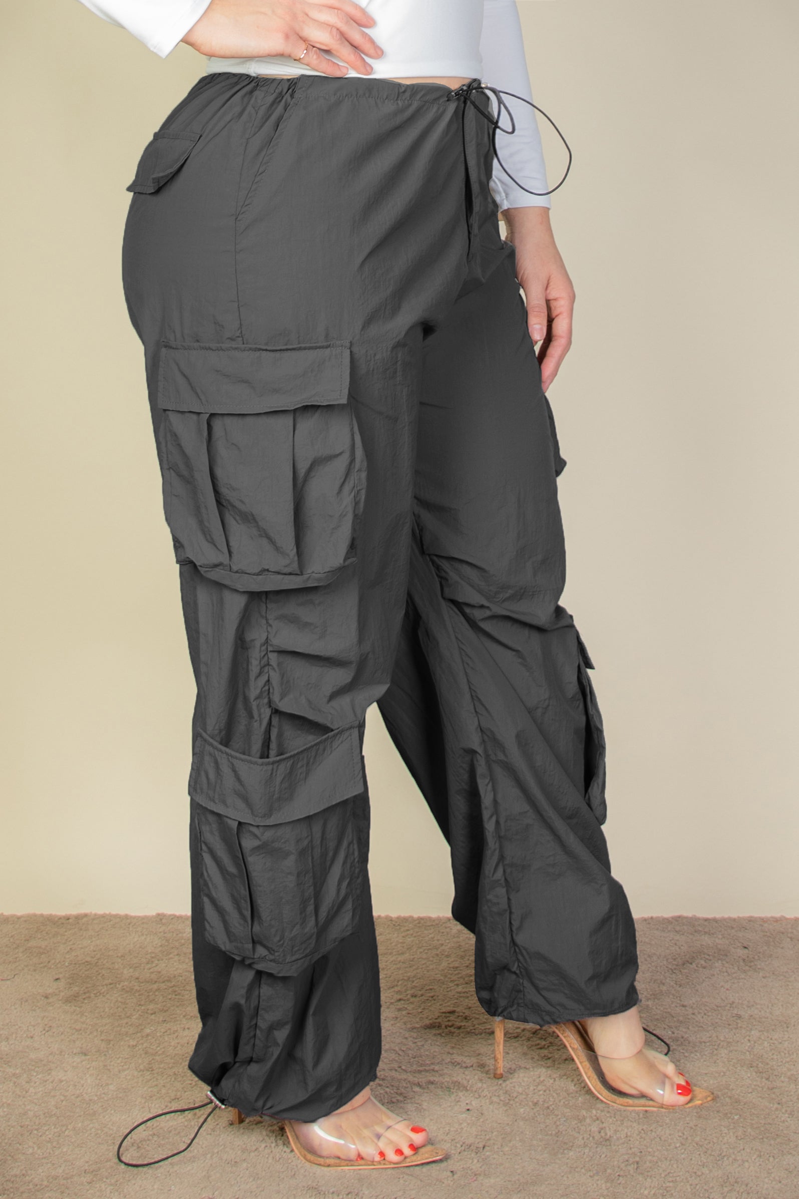 Plus Size Flap Pockets Drawstring Ruched Parachute Pants - Capella Apparel