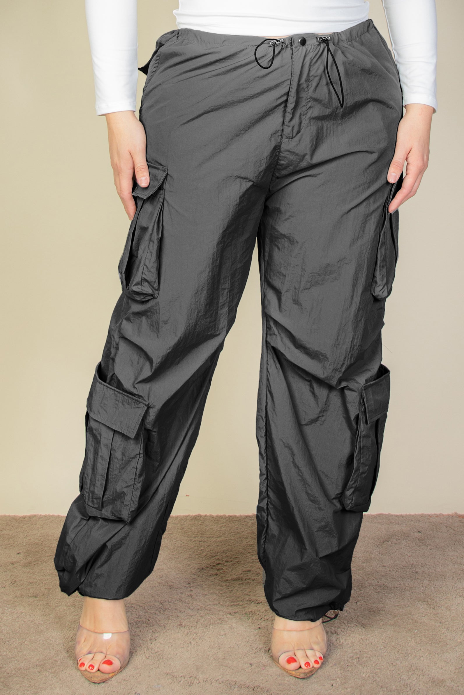 Plus Size Flap Pockets Drawstring Ruched Parachute Pants - Capella Apparel